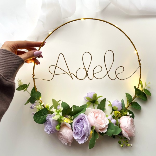 Wire Hoop with Personalized Name - Floral Wreath Wall Decor - Girl Romantic Nursery Sign - Newborn Summer Blossom Ornament -  Pink Rose Light