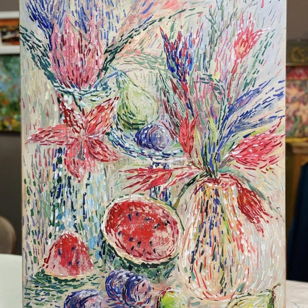 Klusā daba ar arbūzu un ziediem 🎨90x60cm