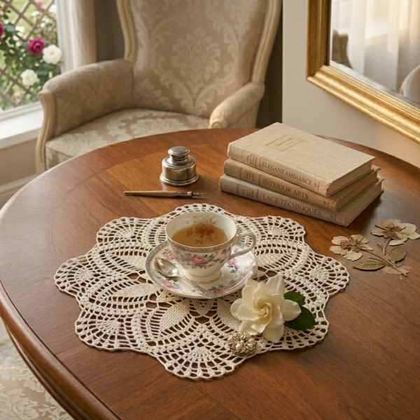 Tamborēta galda sedziņa ekru krāsā