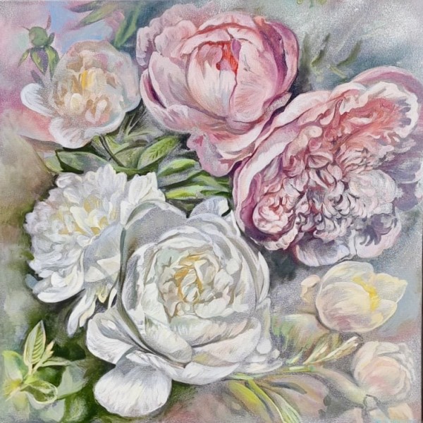 Liela ziedu glezna ar peonijām – 100×100 cm – Oriģināldarbs ar spīdumu.