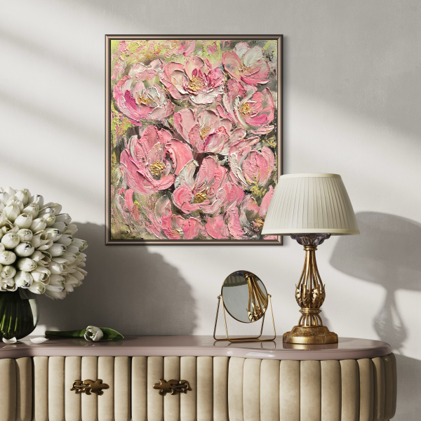 Dekoratīva ziedu glezna rozā toņos | Oriģināldarbs | Akrils, zelts | Interjera akcents