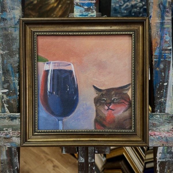 Maza glezna ar kaķi un vīna glāzi | Oriģināldarbs rāmī | Ideāla dāvana