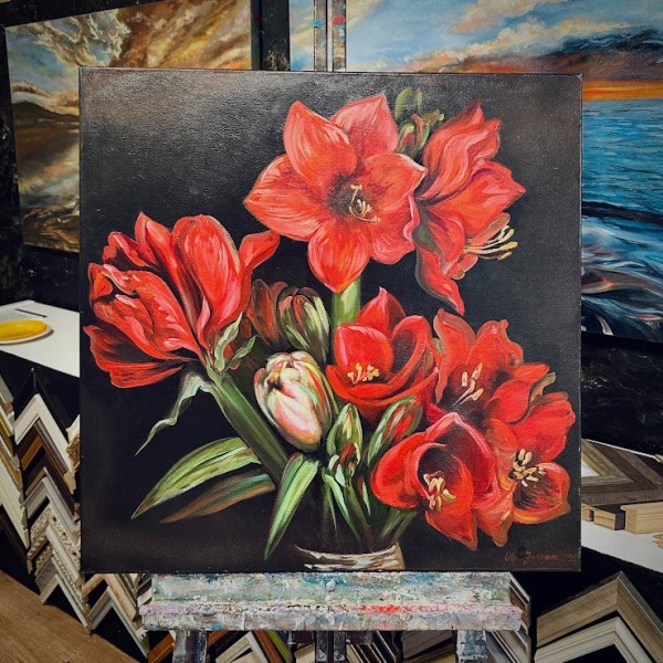 Aizraušanās ziedi. Amarilis. Ziedi. Glezna