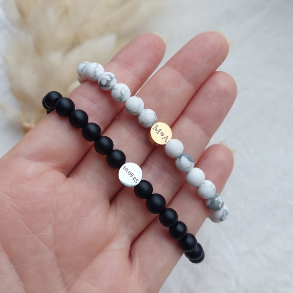 Rokassprādžu komplekts no magnezīta un melnā ahāta, ar persoanlizāciju