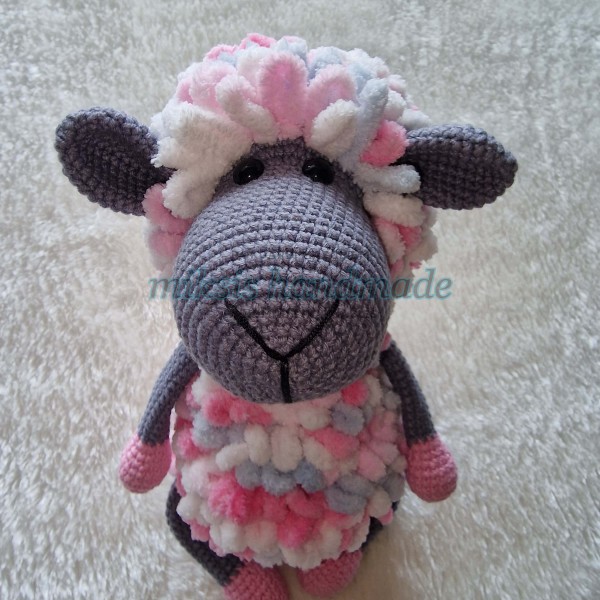 Tamborēta mīļmanta - aitiņa, raibi rozā/t.pelēks, 3+ g.v.