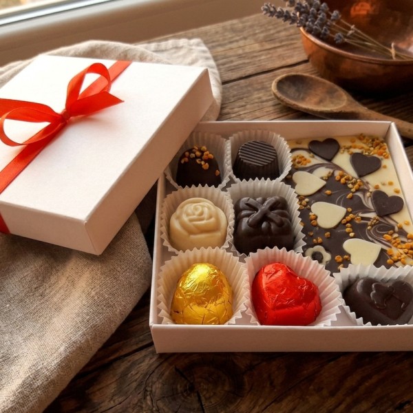 Konfekšu kaste ar bišu produktiem šokolādē