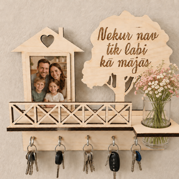 Personalizēts koka atslēgu turētājs ar foto rāmi un plauktiņu