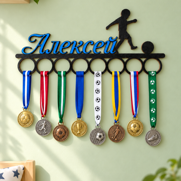 Personalizēts koka medaļu turētājs ar vārdu un sporta siluetu