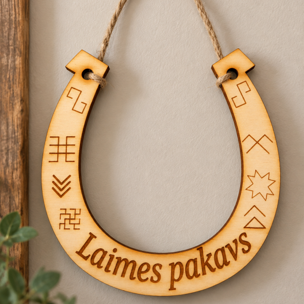 Personalizēts koka Laimes pakavs ar latvju rakstu zīmēm
