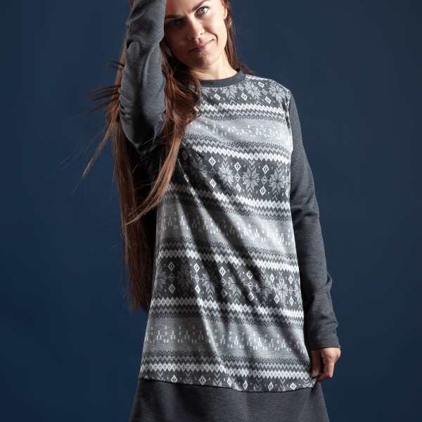 Trikotāžas auduma tunika ar dekoratīvu apdruku , mugurpuse vienkrāsaina M, L, XL