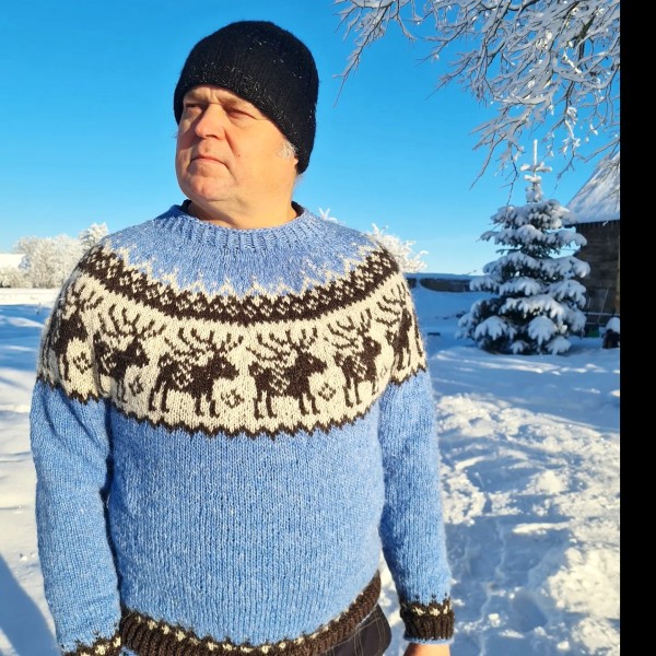 Islandes vilnas džemperis - ar briedīšiem, šis tiek adīts uz pasūtījumu