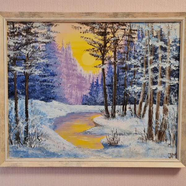 Glezna  40x50 ''Ziemas rīts mežā''.