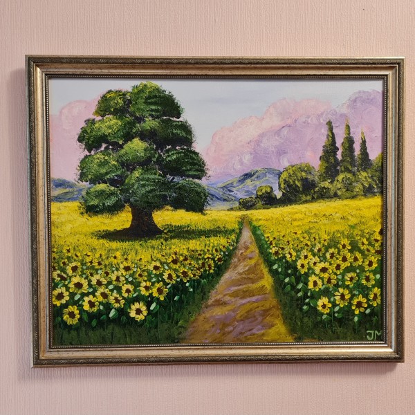 Glezna  40x50 ''Saulespuķes pie ozola''.