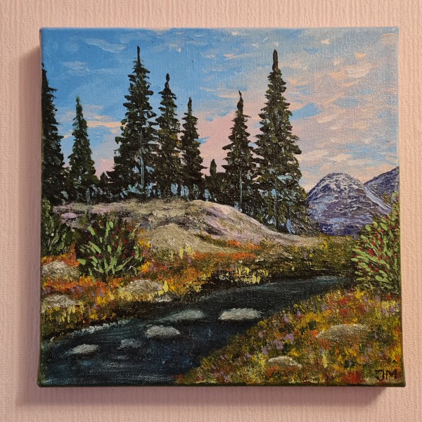 Glezna  25x25 ''Upīte kalnos''.